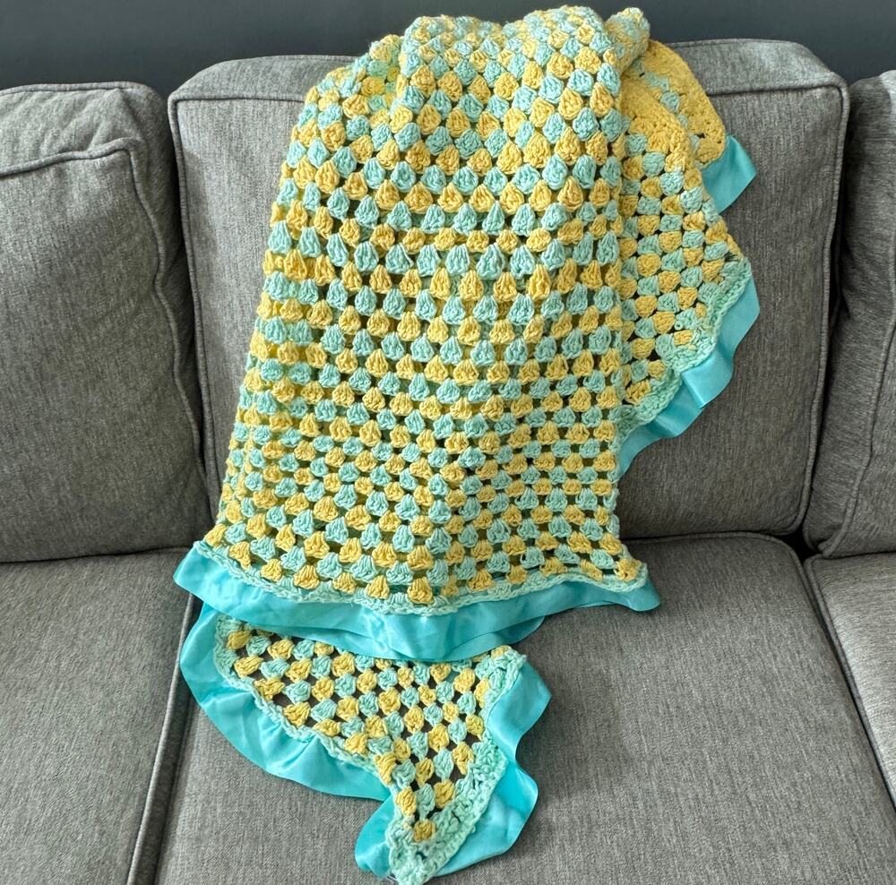 Handmade Crochet Baby Blanket Yellow Aqua Blue Satin Ruffle Trim 47x42